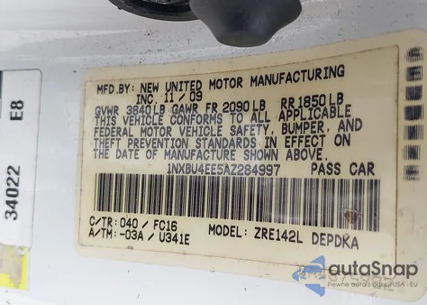 2010 Toyota Corolla Le z USA, uszkodzony, nr VIN 1NXBU4EE5AZ284997